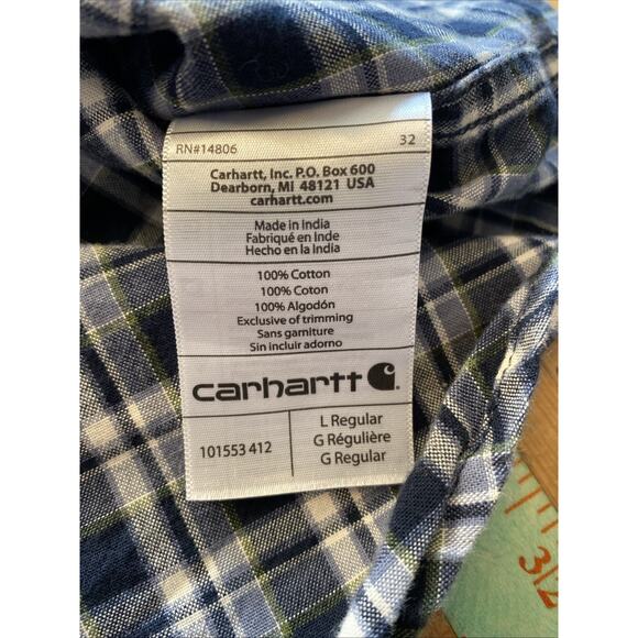 Carhartt Plaid Button Down Shirt Men's L Short Sleeve Relaxed Fit White Blue - Picture 10 of 11